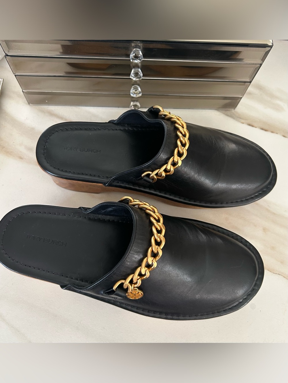 Tory Burch Black Leather Mules with Gold Chain Trim